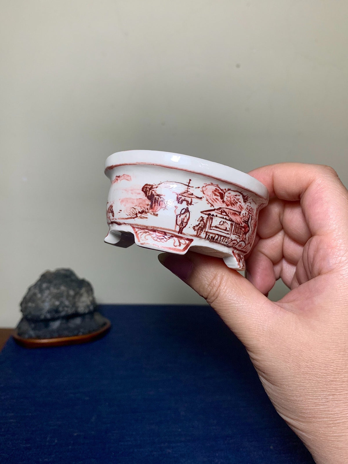 Ushū Katsuyama Red-Painted Landscape with Visitors, Japanese Bonsai Pot