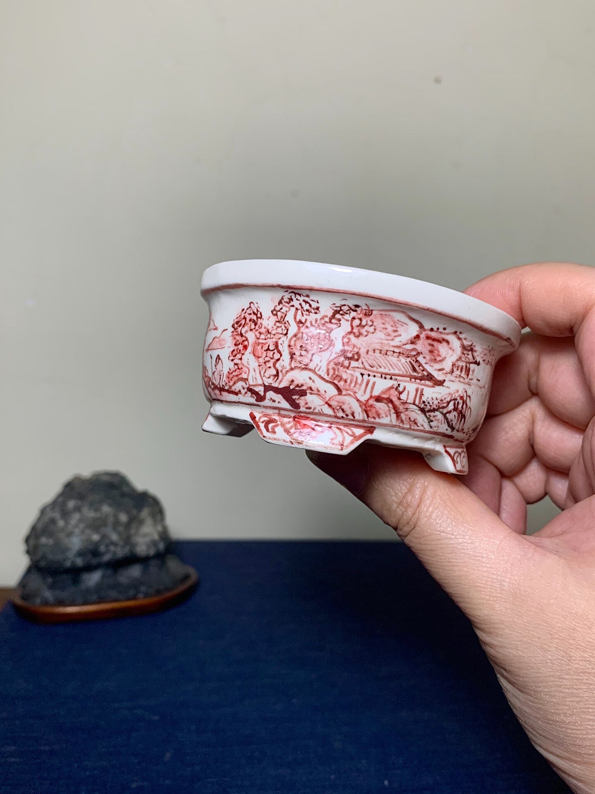 Ushū Katsuyama Red-Painted Landscape with Visitors, Japanese Bonsai Pot