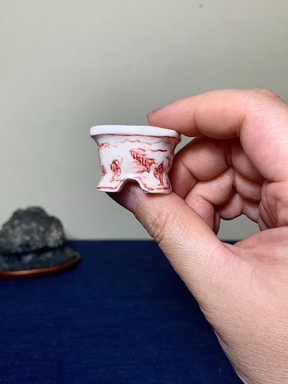 Ushū Katsuyama Red-Painted Landscape with Visitors, Japanese Bonsai Pot