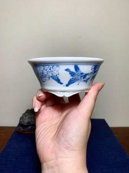 Matsuboto Matsushi Classic Blue-And-White Painted Butterfly Adores Flower Japanese Bonsai Pot
