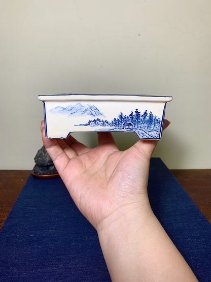 Blue-And-White Outer Rim with Landscape Design Japanese Pot by Owari Yūhō