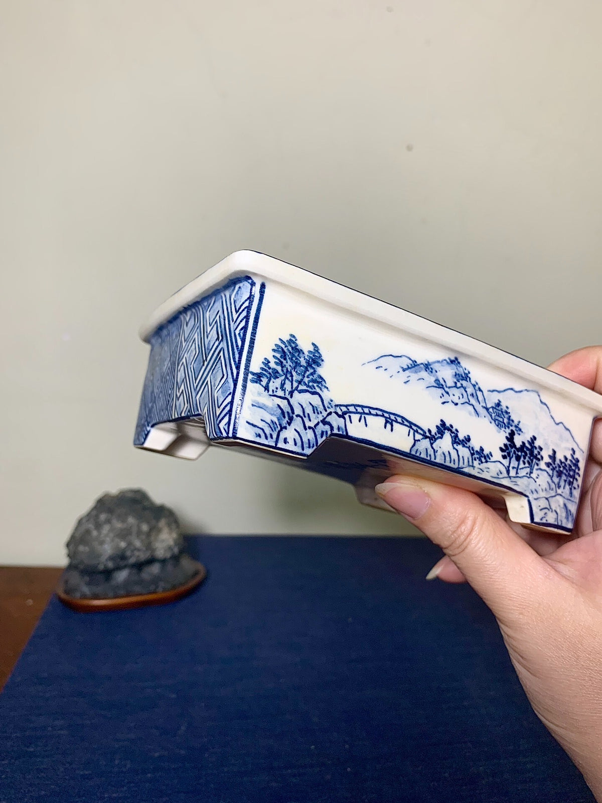 Blue-And-White Outer Rim with Landscape Design Japanese Pot by Owari Yūhō