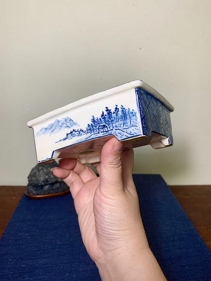 Blue-And-White Outer Rim with Landscape Design Japanese Pot by Owari Yūhō