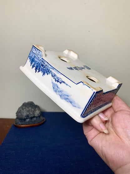 Blue-And-White Outer Rim with Landscape Design Japanese Pot by Owari Yūhō
