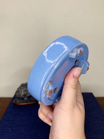 Chun Yatang Blue Kinyo Glaze Cloud Feet Oval Japanese Pot