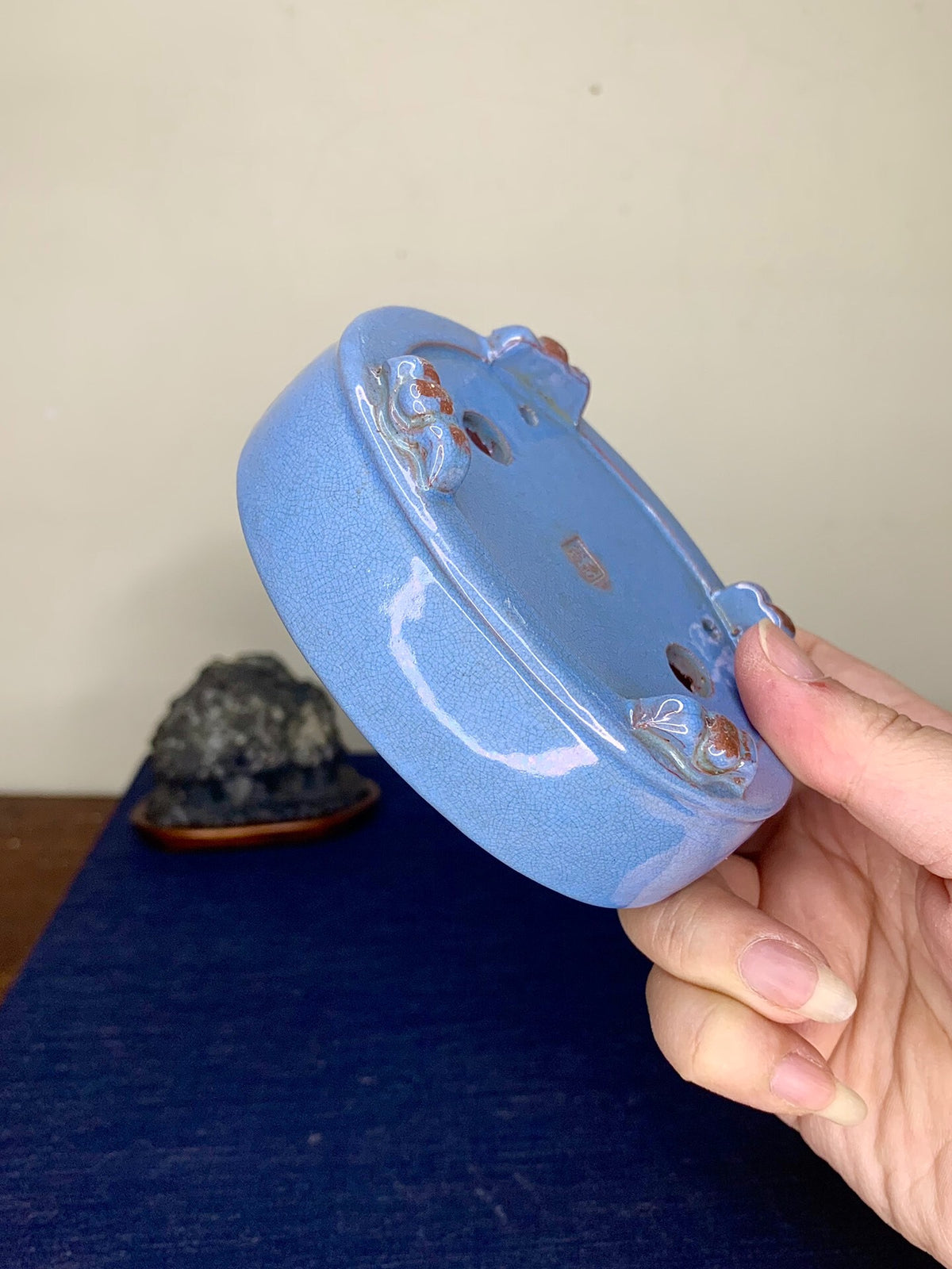 Chun Yatang Blue Kinyo Glaze Cloud Feet Oval Japanese Pot