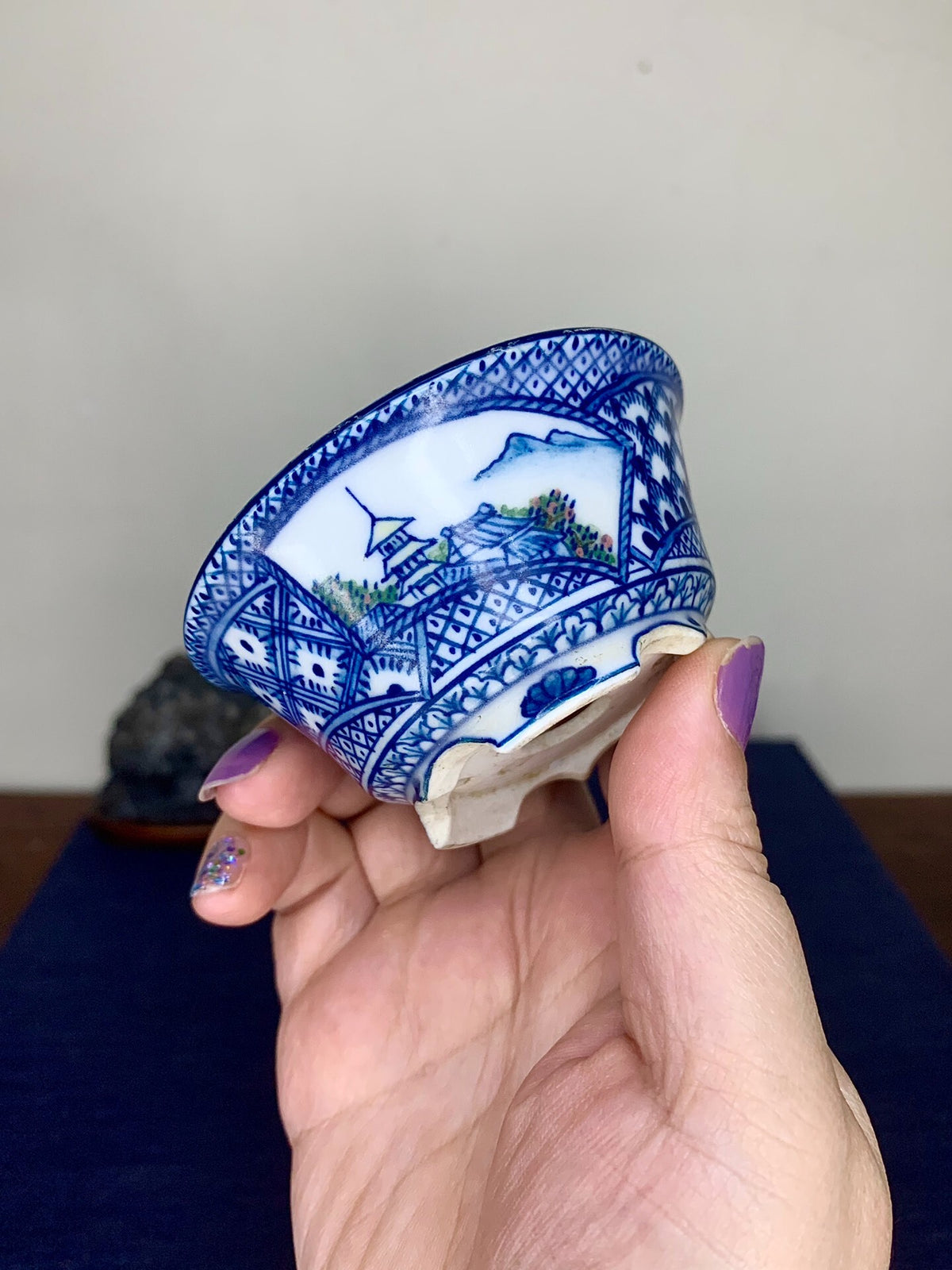 Shodai Shōseki, Blue-And-White with Painted Panels, Landscape, Round Pot