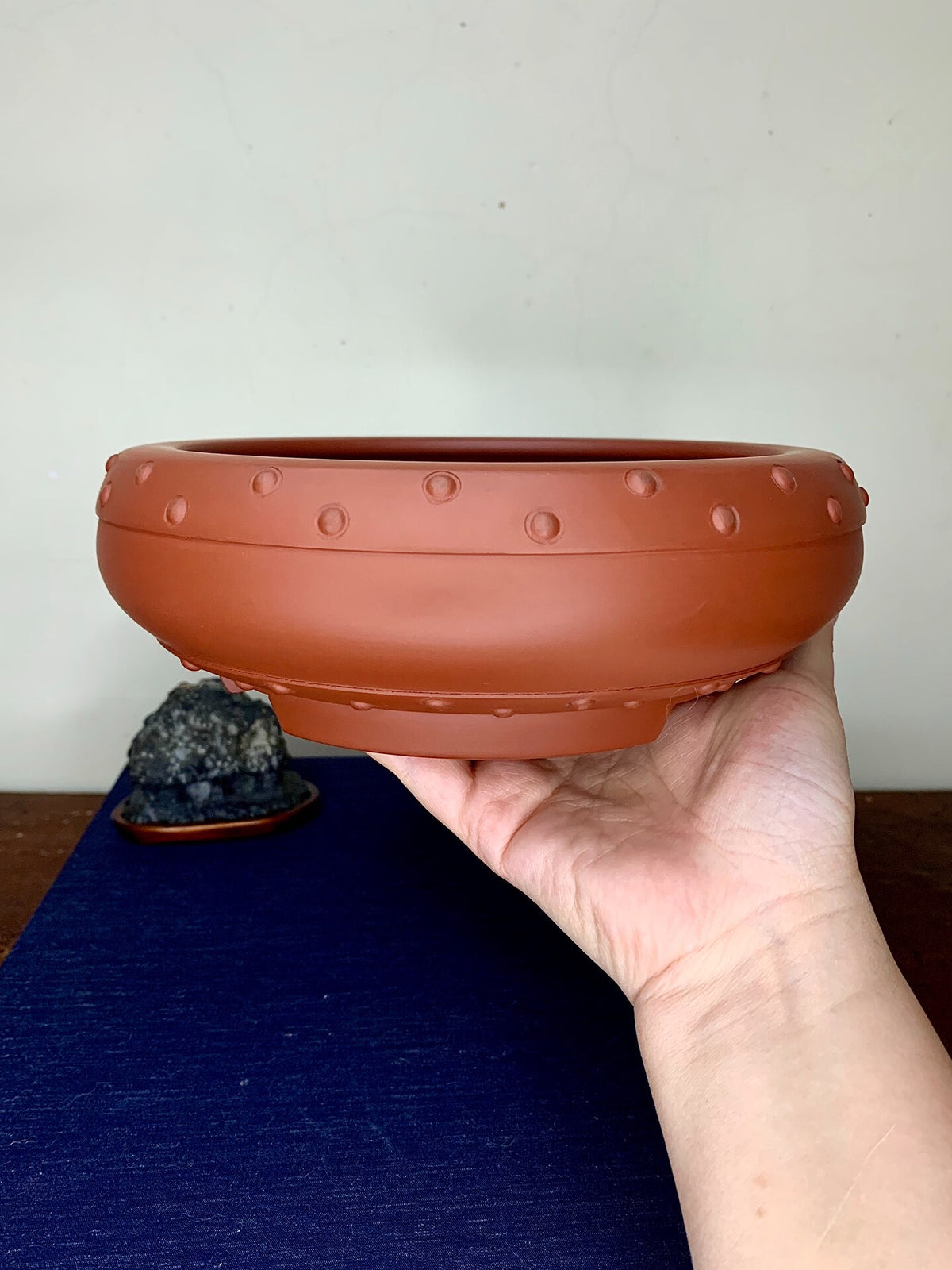 A hand holds a terracotta-colored, round bonsai pot with raised dots around its rim and base.
