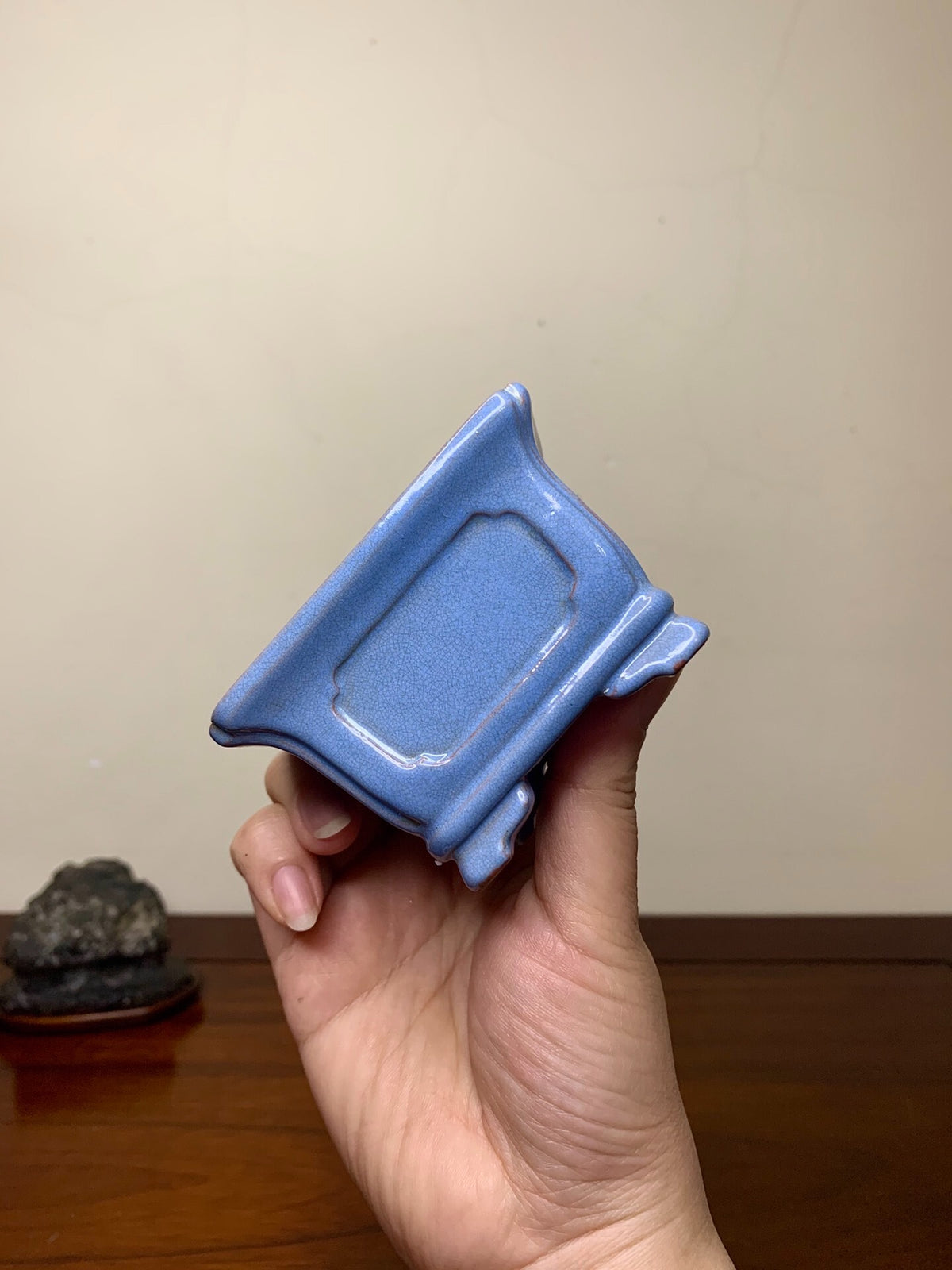Chun Yatang Blue Kinyo Glaze with Cloud Feet, Painted Panels, Outer Rim, Rectangular Japanese Pot