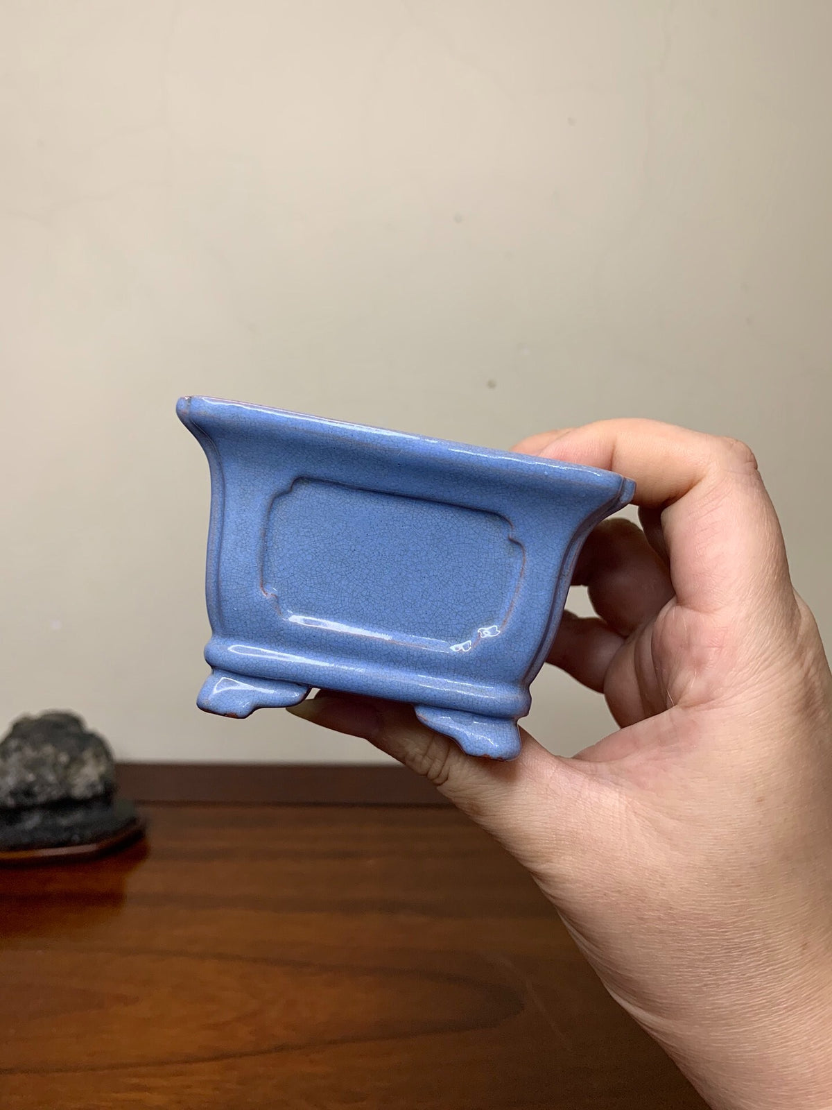 Chun Yatang Blue Kinyo Glaze with Cloud Feet, Painted Panels, Outer Rim, Rectangular Japanese Pot