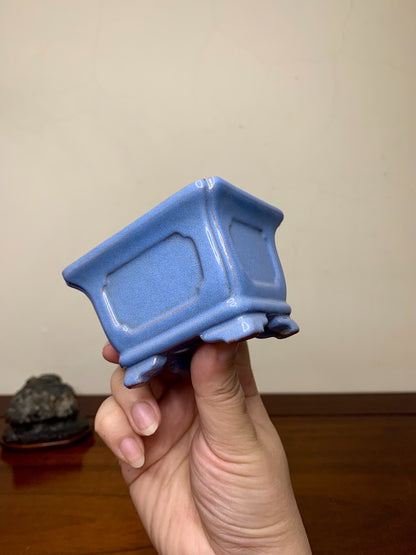 Chun Yatang Blue Kinyo Glaze with Cloud Feet, Painted Panels, Outer Rim, Rectangular Japanese Pot