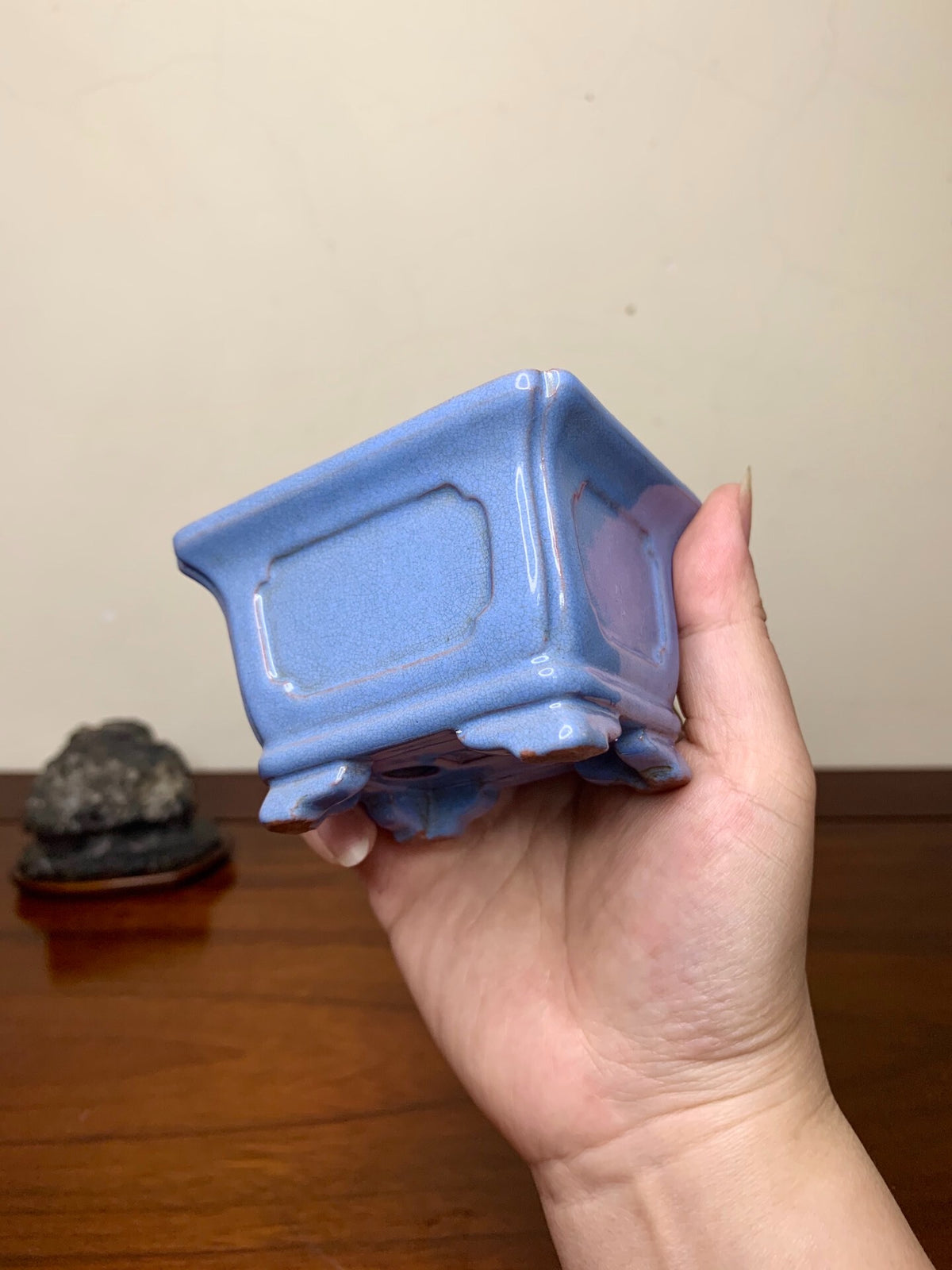 Chun Yatang Blue Kinyo Glaze with Cloud Feet, Painted Panels, Outer Rim, Rectangular Japanese Pot