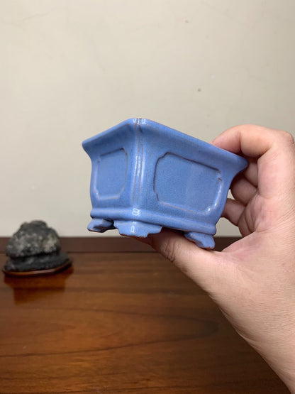 Chun Yatang Blue Kinyo Glaze with Cloud Feet, Painted Panels, Outer Rim, Rectangular Japanese Pot