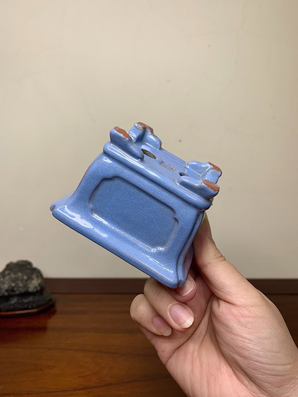 Chun Yatang Blue Kinyo Glaze with Cloud Feet, Painted Panels, Outer Rim, Rectangular Japanese Pot