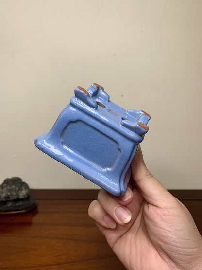 Chun Yatang Blue Kinyo Glaze with Cloud Feet, Painted Panels, Outer Rim, Rectangular Japanese Pot