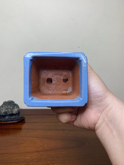 Chun Yatang Blue Kinyo Glaze with Cloud Feet, Painted Panels, Outer Rim, Rectangular Japanese Pot