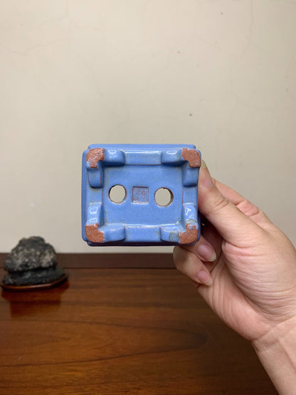 Chun Yatang Blue Kinyo Glaze with Cloud Feet, Painted Panels, Outer Rim, Rectangular Japanese Pot