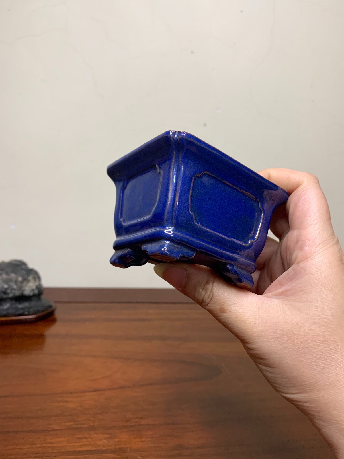 Chun Yatang Ruri Blue Glaze Cloud Feet with Painted Panels Outer Rim Rectangular Japanese Pot