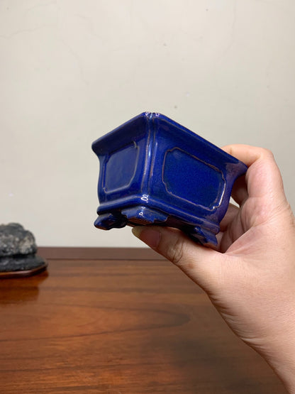 Chun Yatang Ruri Blue Glaze Cloud Feet with Painted Panels Outer Rim Rectangular Japanese Pot