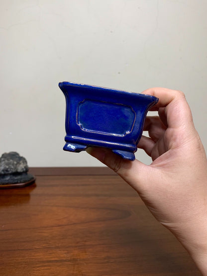 Chun Yatang Ruri Blue Glaze Cloud Feet with Painted Panels Outer Rim Rectangular Japanese Pot