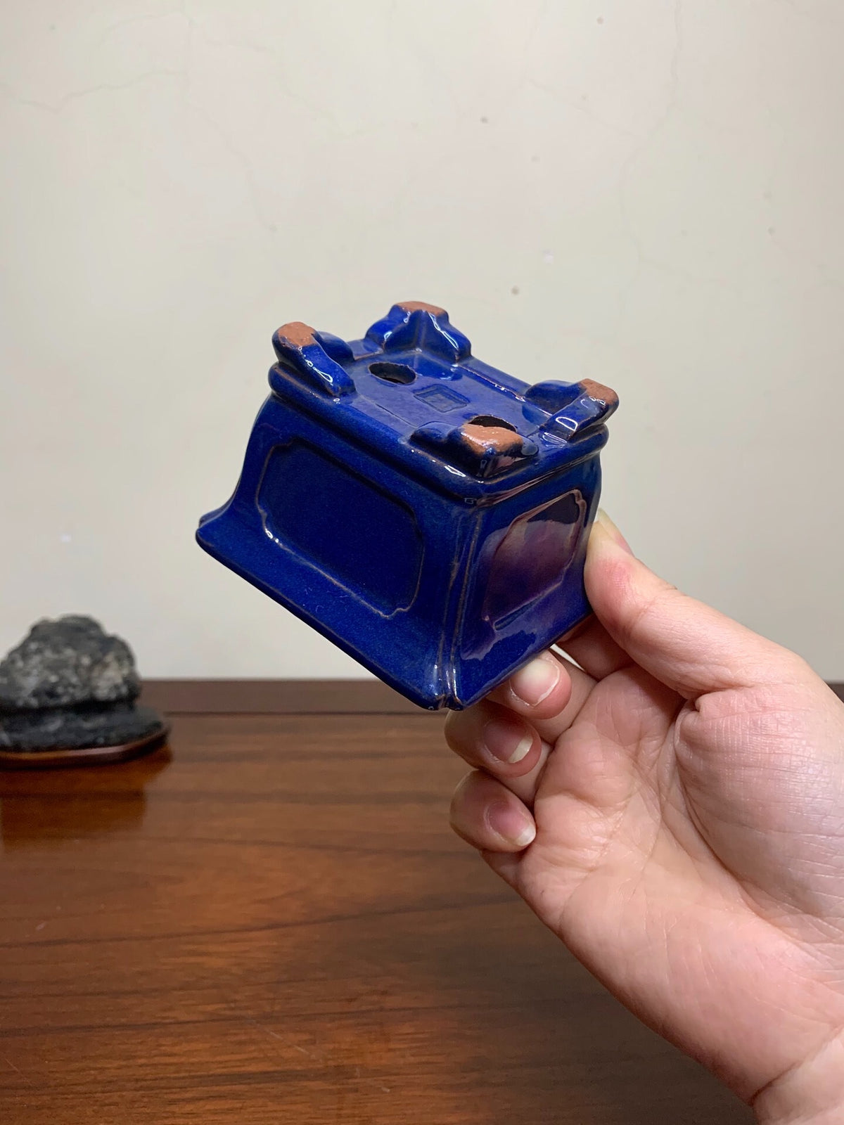 Chun Yatang Ruri Blue Glaze Cloud Feet with Painted Panels Outer Rim Rectangular Japanese Pot