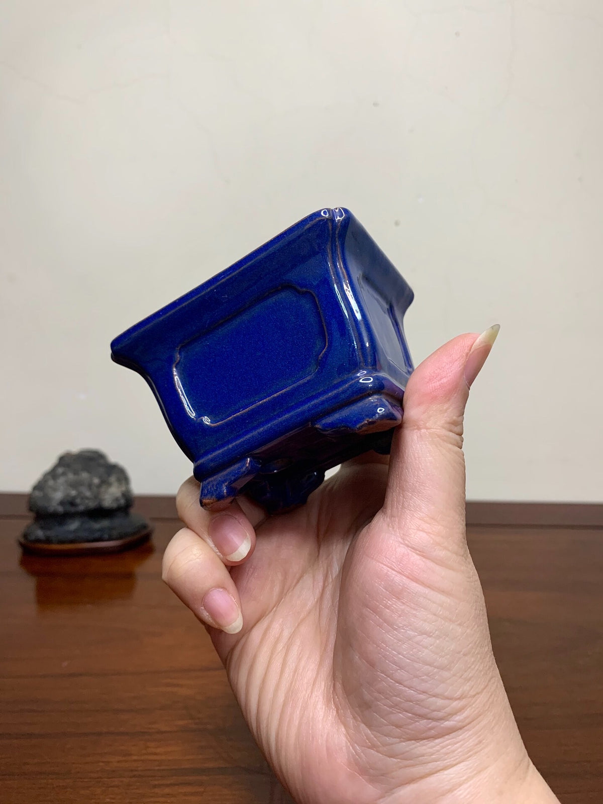Chun Yatang Ruri Blue Glaze Cloud Feet with Painted Panels Outer Rim Rectangular Japanese Pot
