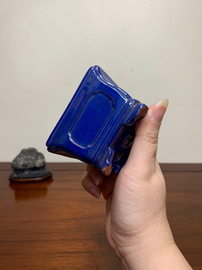 Chun Yatang Ruri Blue Glaze Cloud Feet with Painted Panels Outer Rim Rectangular Japanese Pot