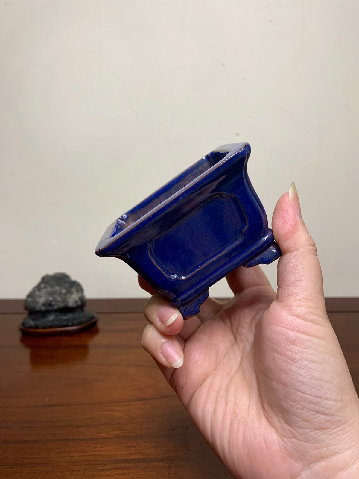 Chun Yatang Ruri Blue Glaze Cloud Feet with Painted Panels Outer Rim Rectangular Japanese Pot
