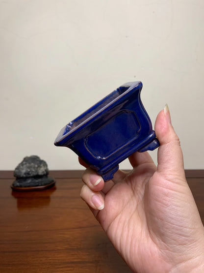 Chun Yatang Ruri Blue Glaze Cloud Feet with Painted Panels Outer Rim Rectangular Japanese Pot