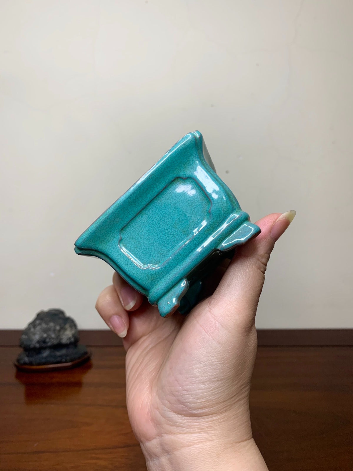 Chun Yatang Kinyo Glaze, Cloud Feet, with Painted Panels, Outer Rim, Rectangular Japanese Pot
