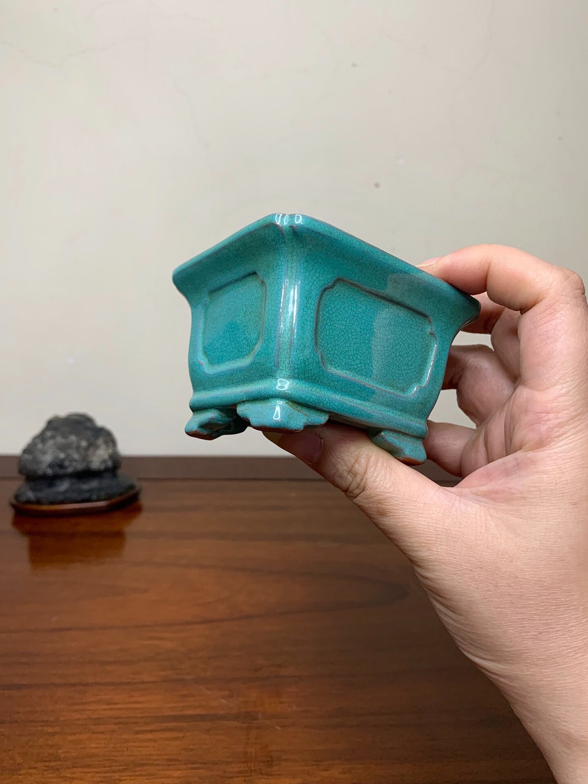 Chun Yatang Kinyo Glaze, Cloud Feet, with Painted Panels, Outer Rim, Rectangular Japanese Pot