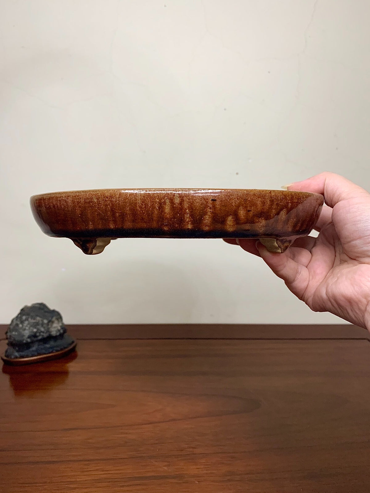 Sakai Tensan Ame Glaze Oval Maple Tree Pot