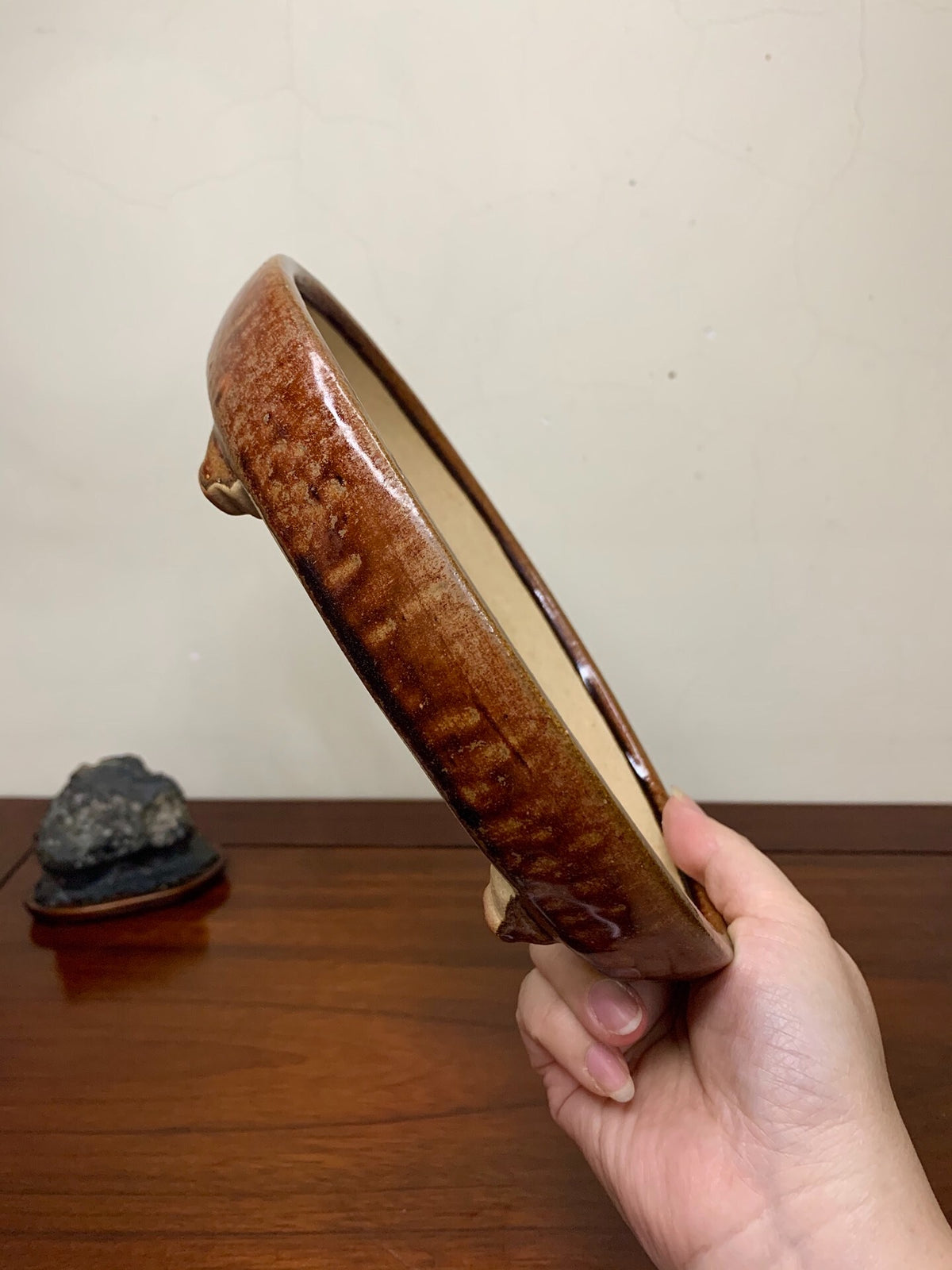 Sakai Tensan Ame Glaze Oval Maple Tree Pot