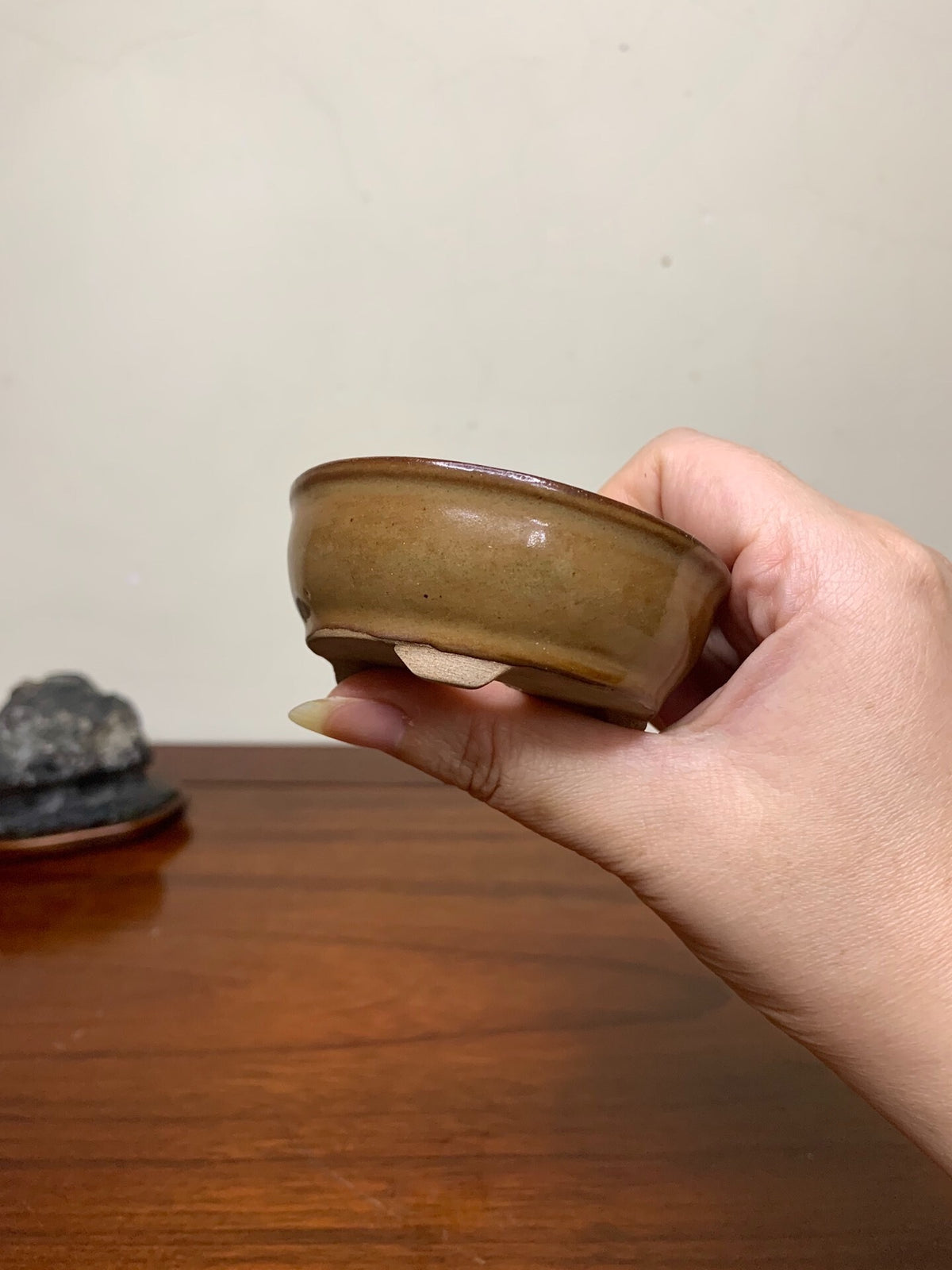 A hand holds a small, round, glossy brown ceramic pot with a slightly flared rim.