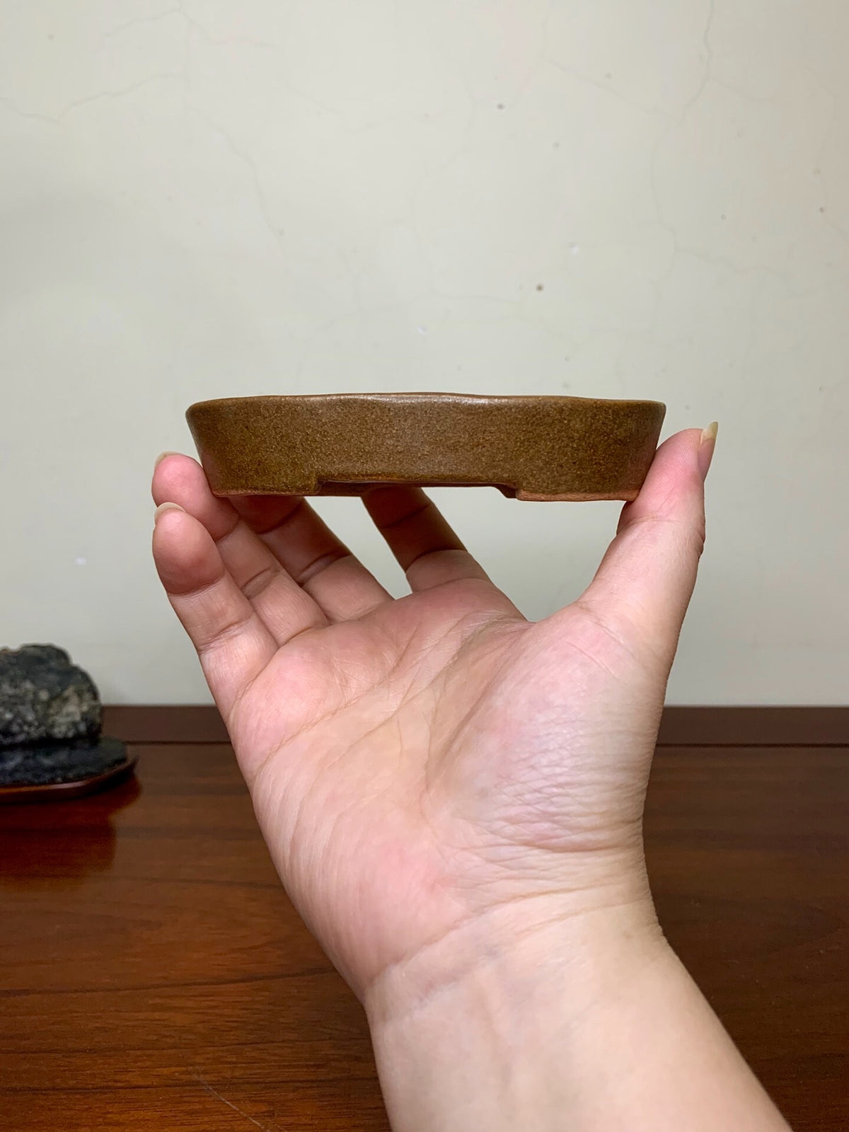 A hand holds a small, brown, matte-finished ceramic pot with a shallow, rounded rim.