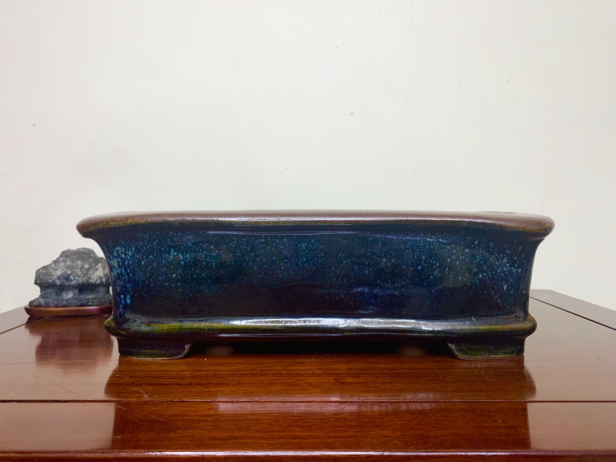 Blue Glaze Kiln-Transmuted Outer Rim Rectangular Japanese Pot by Kobasaki Takashi