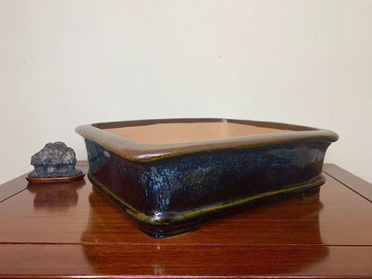 Blue Glaze Kiln-Transmuted Outer Rim Rectangular Japanese Pot by Kobasaki Takashi