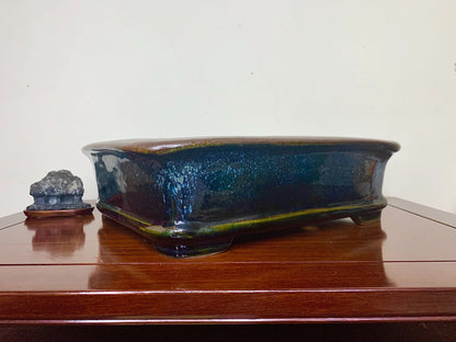 Blue Glaze Kiln-Transmuted Outer Rim Rectangular Japanese Pot by Kobasaki Takashi