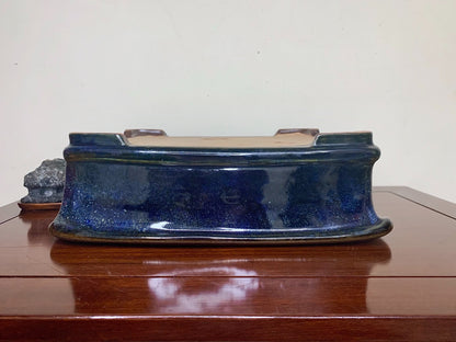 Blue Glaze Kiln-Transmuted Outer Rim Rectangular Japanese Pot by Kobasaki Takashi
