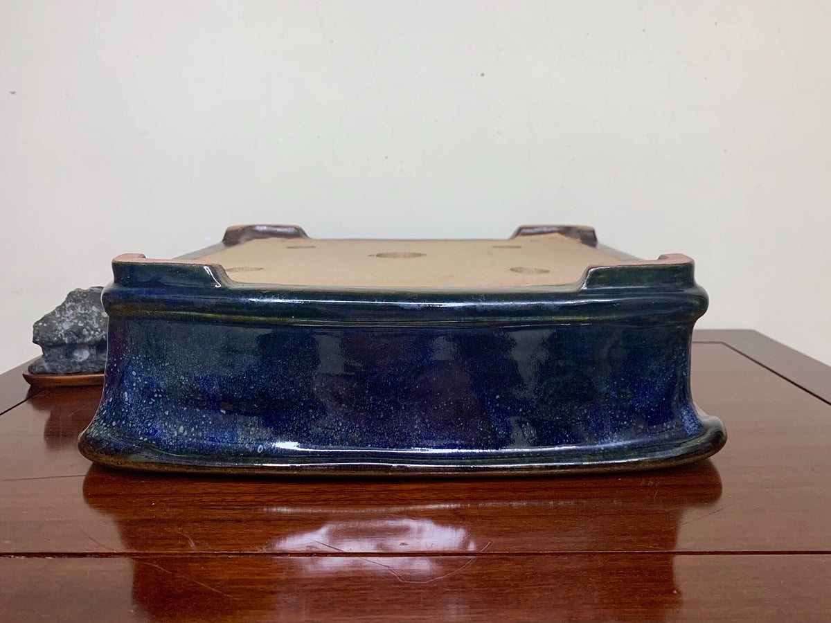 Blue Glaze Kiln-Transmuted Outer Rim Rectangular Japanese Pot by Kobasaki Takashi