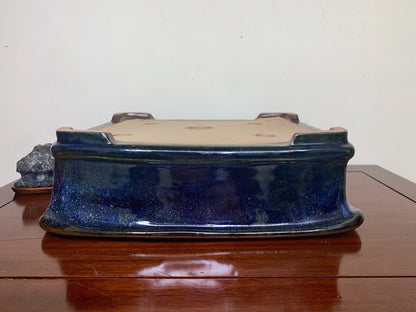 Blue Glaze Kiln-Transmuted Outer Rim Rectangular Japanese Pot by Kobasaki Takashi