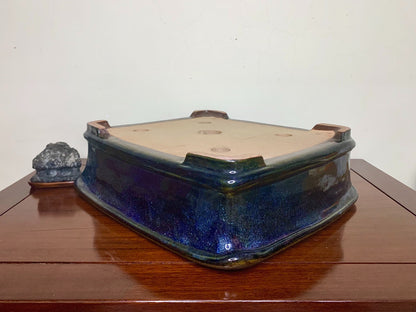 Blue Glaze Kiln-Transmuted Outer Rim Rectangular Japanese Pot by Kobasaki Takashi