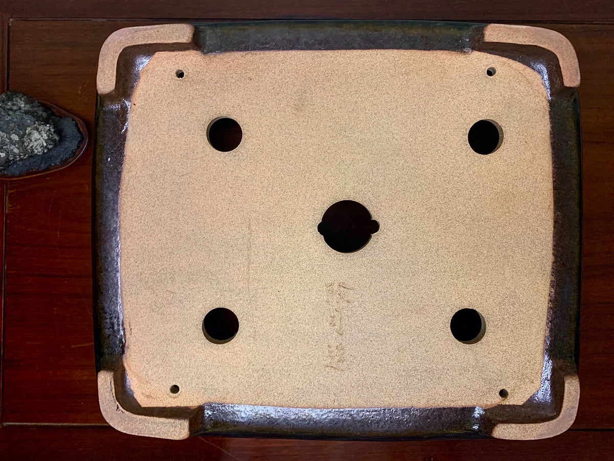 Blue Glaze Kiln-Transmuted Outer Rim Rectangular Japanese Pot by Kobasaki Takashi