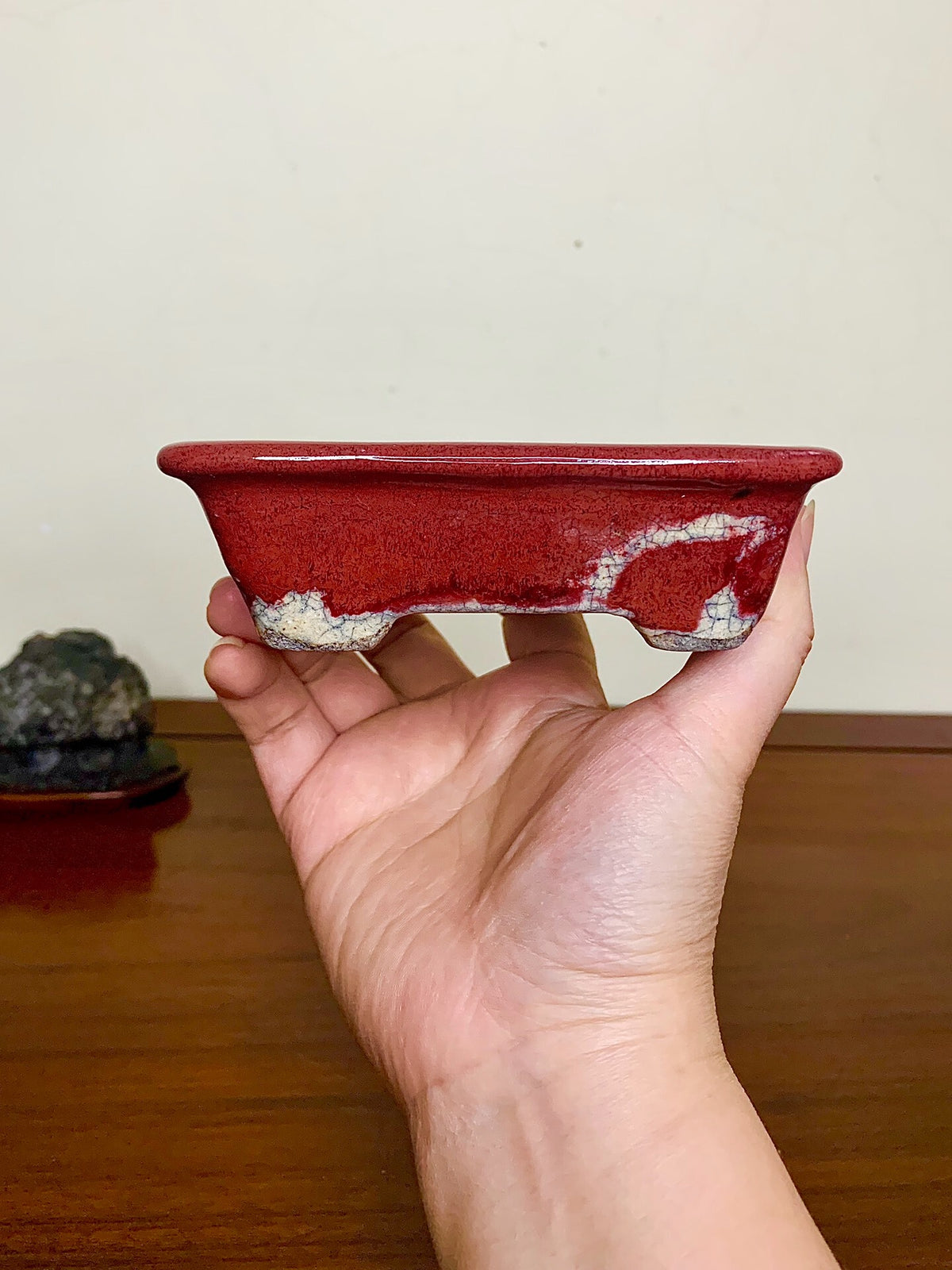 Echizen Bunsan Shinsha Copper-Red Glaze Kiln-Transmuted Rectangular Japanese Pot