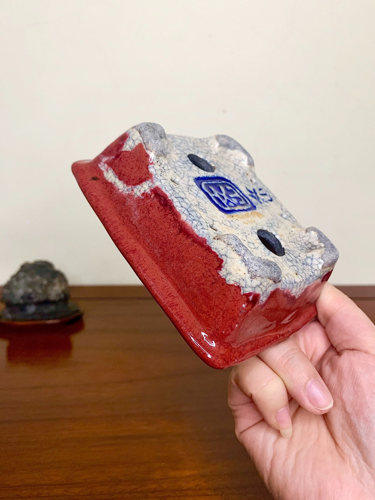 Echizen Bunsan Shinsha Copper-Red Glaze Kiln-Transmuted Rectangular Japanese Pot