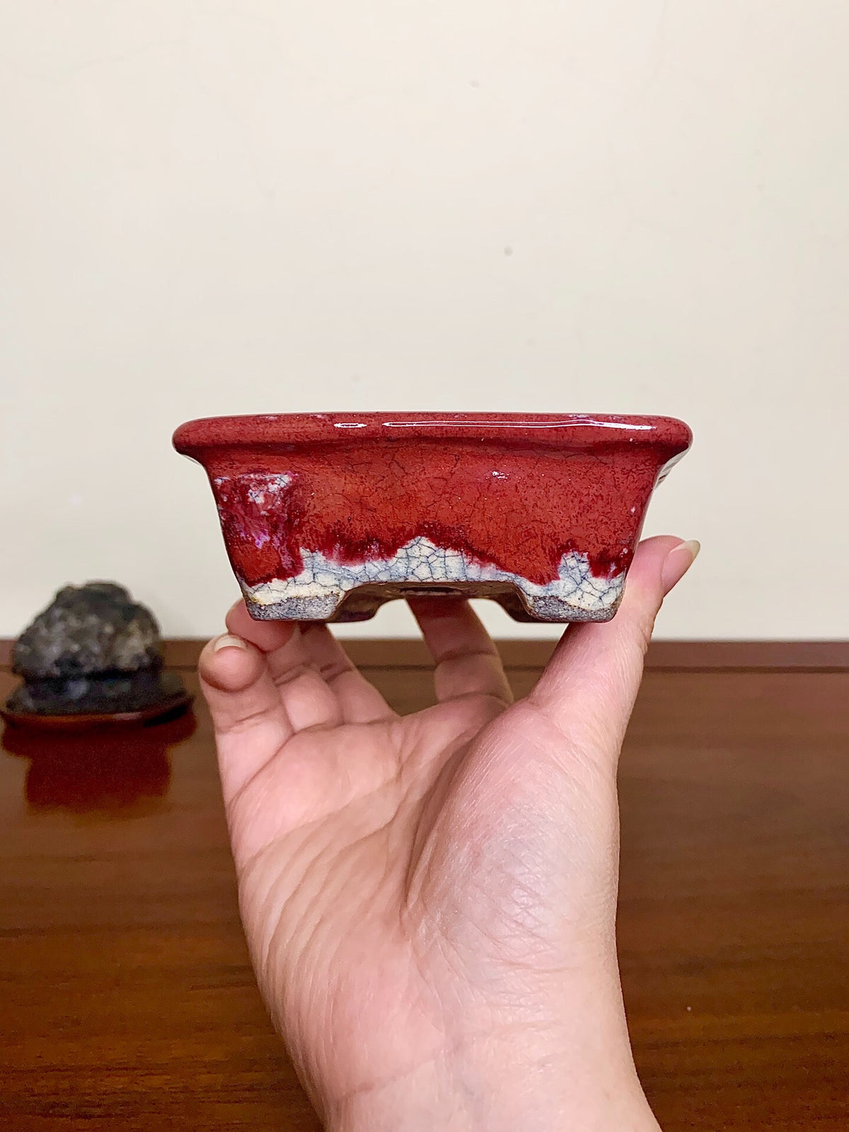 Echizen Bunsan Shinsha Copper-Red Glaze Kiln-Transmuted Rectangular Japanese Pot