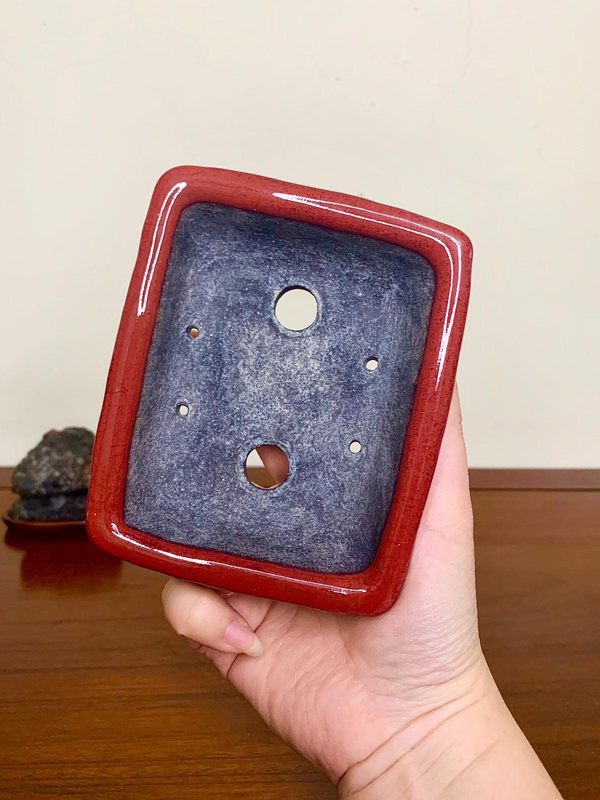 Echizen Bunsan Shinsha Copper-Red Glaze Kiln-Transmuted Rectangular Japanese Pot