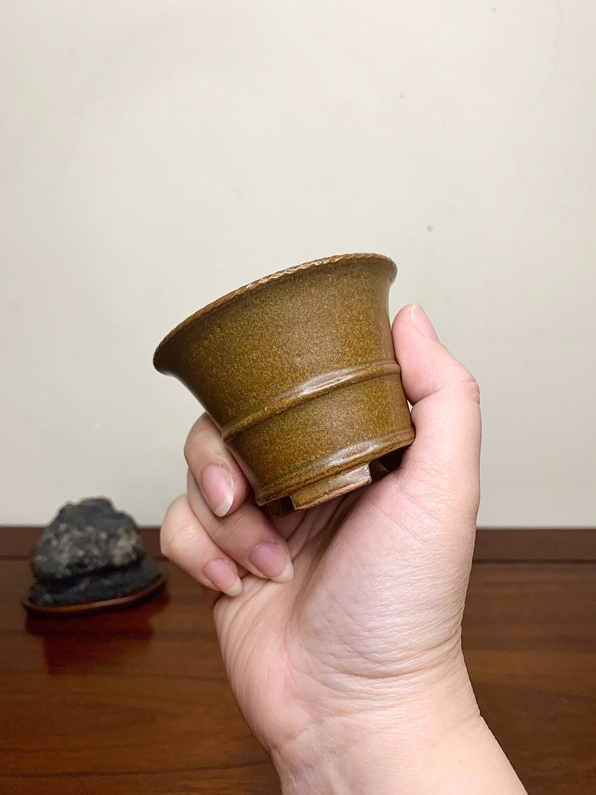 Heian Kōzan Classic Soba Glaze Rope-Rimmed Waist-Line Small Cylindrical Pot Japanese Bonsai Pot