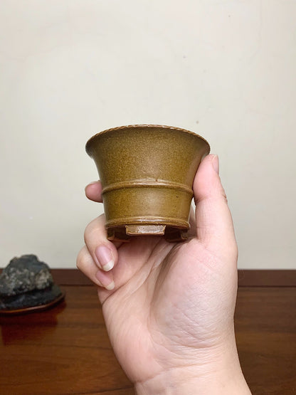 Heian Kōzan Classic Soba Glaze Rope-Rimmed Waist-Line Small Cylindrical Pot Japanese Bonsai Pot