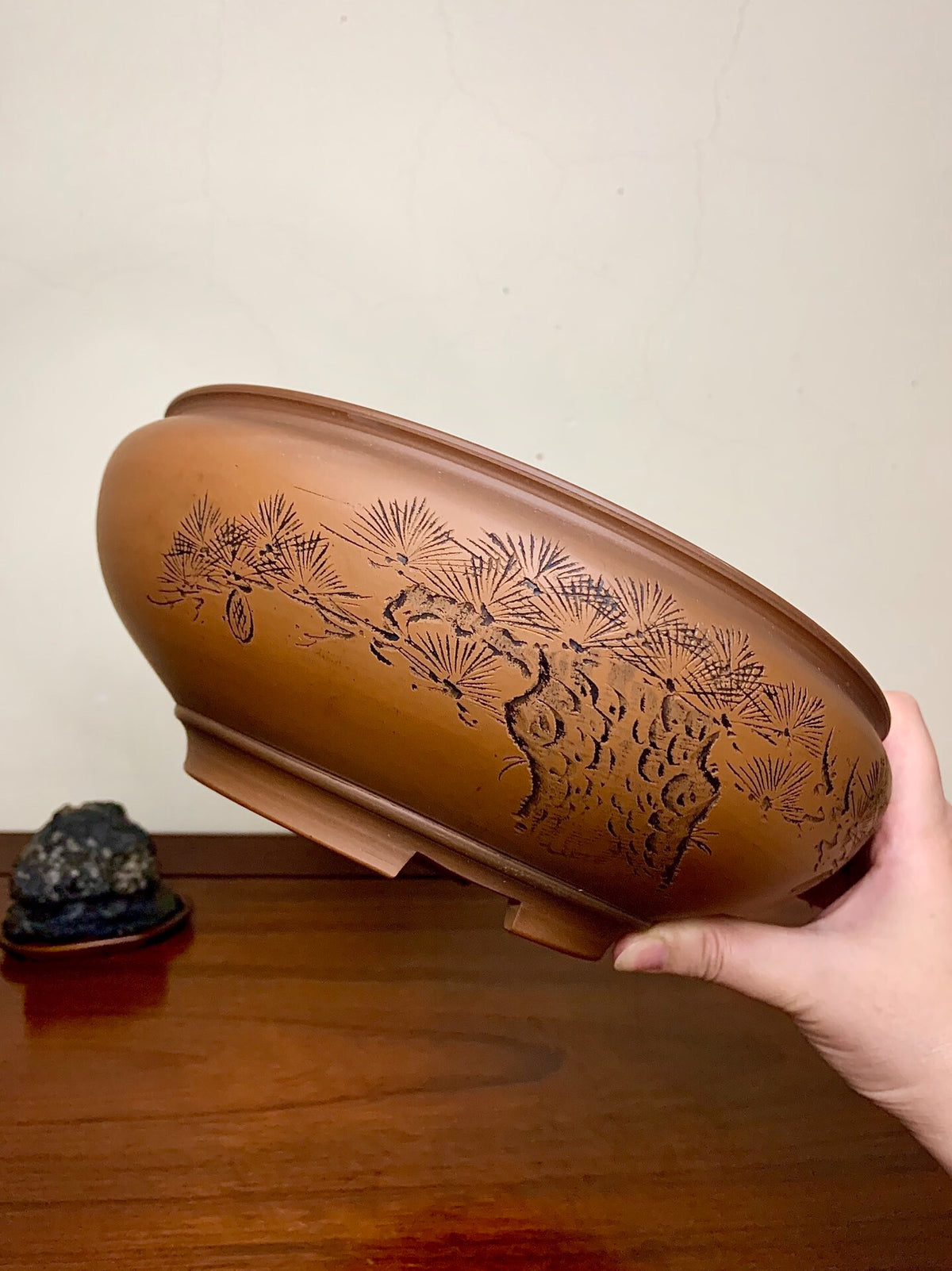 Classic Incised Perfectly Round Japanese Bonsai Pot by Hirata Migen